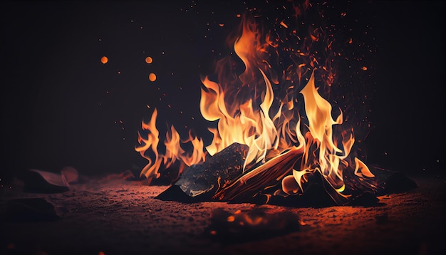 Burning wood at night Campfire at touristic camp at nature in mountains Flame amd fire sparks on dark abstract background