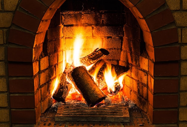 Burning wooden logs in firebox of fireplace