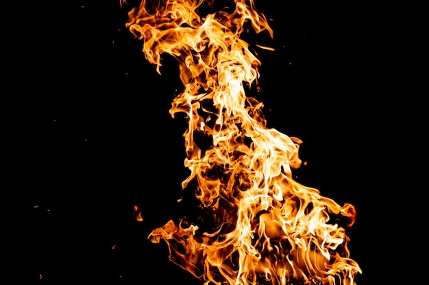 Burning woods with firesparks, flame on black background.