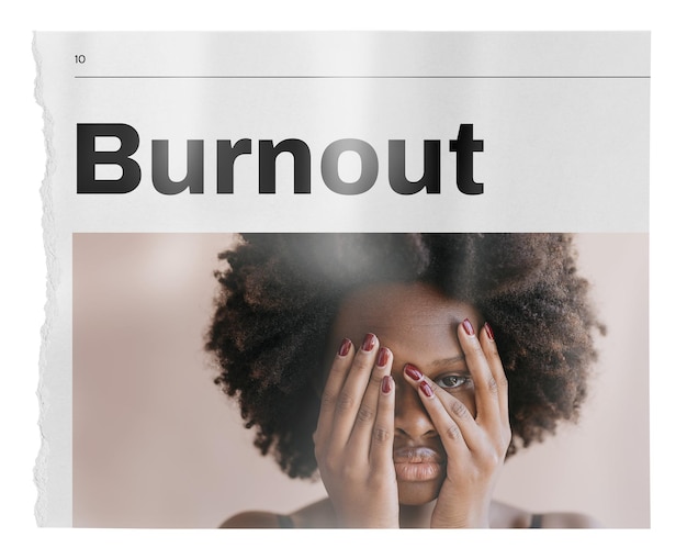 Концепция психического здоровья газеты Burnout с изображением женщины, покрывающей лицо, на прозрачном фоне