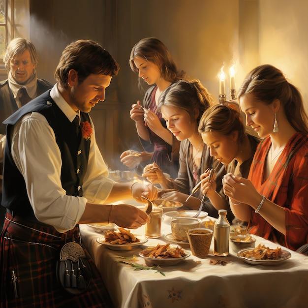 술집 이나 마을 회관 과 같은 전통적 인 스코틀랜드 환경 에 있는 버너스 나이트 장면