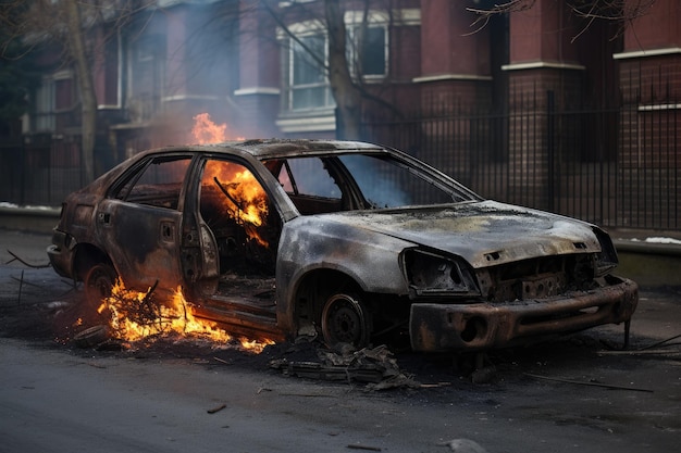 Burnt car body on the street