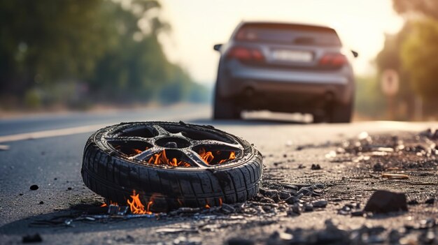 Photo burnt car wheel on the road