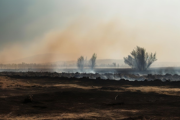 Burnt field with smoke dry burning that pollutes the environment generative ai