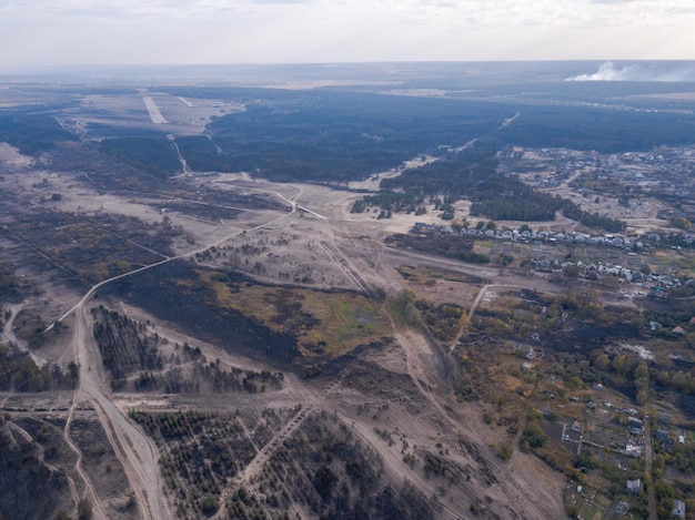 Burnt forest after the fire Aerial photo