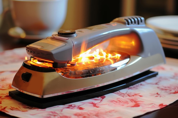 A burnt iron on an ironing board in a room Flames coming out of iron