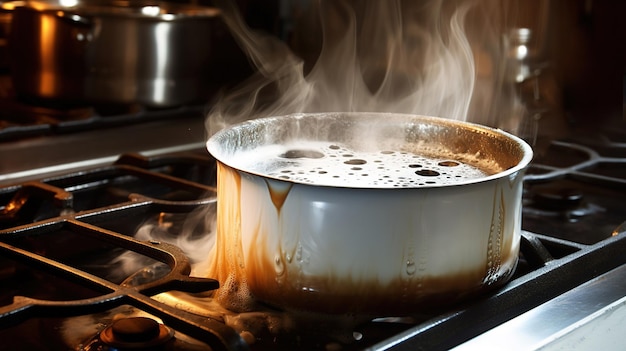 Burnt milk in a saucepan on the stove closeup