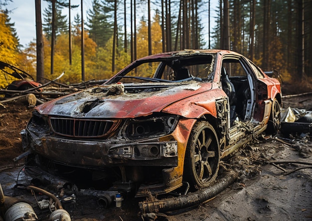 Foto un'auto bruciata si trova nel bosco.