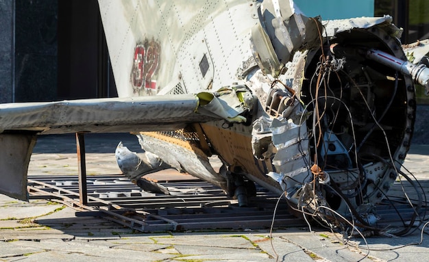 Burnt parts of the destroyed Russian Air Force combat helicopter Hind Crocodile