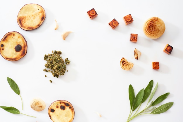 Burnt veggies and spices flatlay