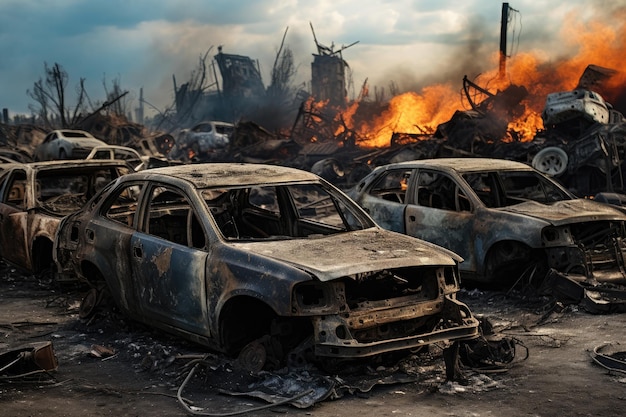Фото Сгоревшие автомобили на свалке, вызванной войной