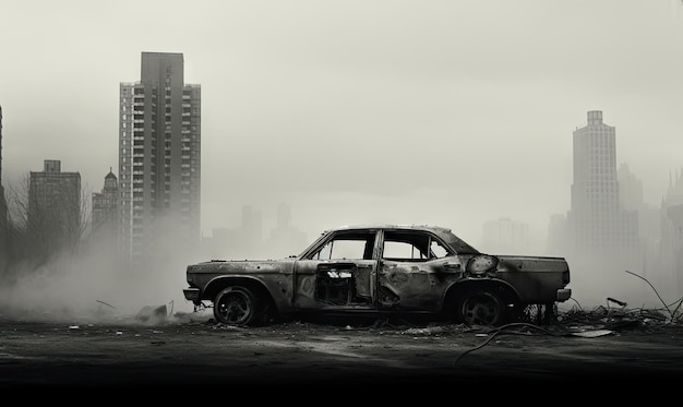 Burntout police car in an a city street backdrop A devastated abandoned city Created with generative AI tools