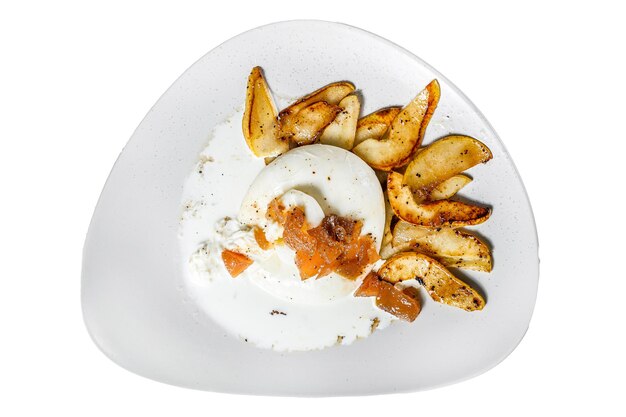 burrata buffalo cheese with pear isolated white background