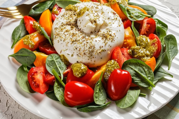 Burrata Caprese Salad with Spinach and basil pesto sauce on a white plate on a concrete table, italian cuisine, close-up