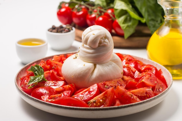 Burrata cheese salad with tomatoes, olive oil and seasoning. Fresh food concept.