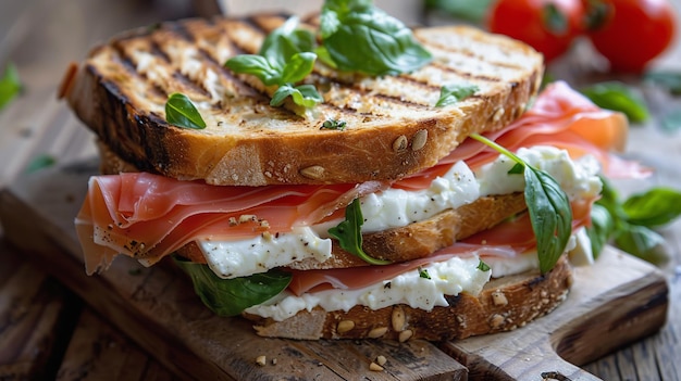 Burrata en prosciutto panini op een houten plank