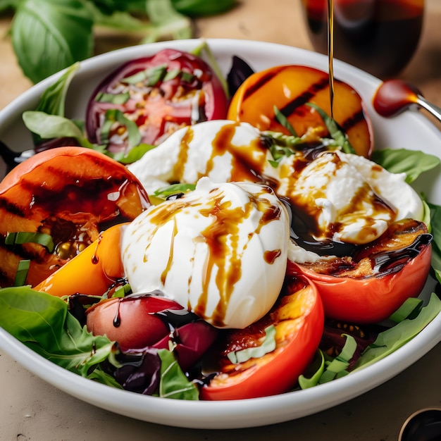 Burrata kaas gegrilde perziken salade met tomaten basilicum en balsamico saus close-up grijze achtergrond