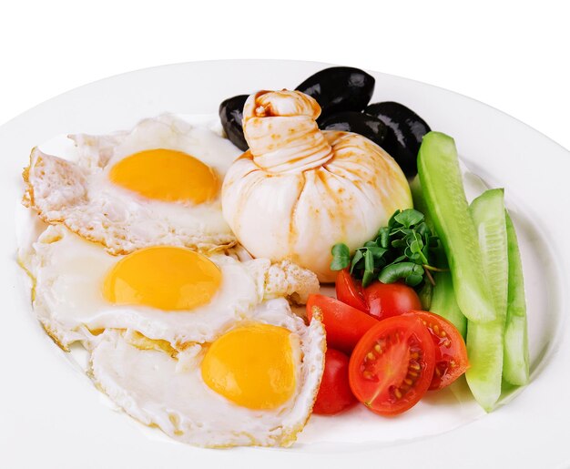 Burrata with fresh vegetables and fried eggs