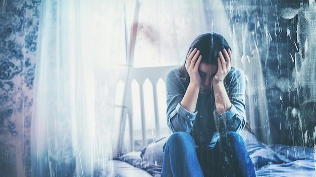 Burred depressed woman sitting on bed and holding