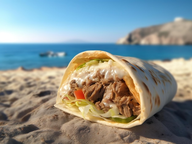 A burrito on the beach with the ocean in the background