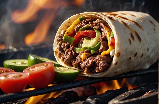 A burrito being cooked on a barbecue grill for a smoky