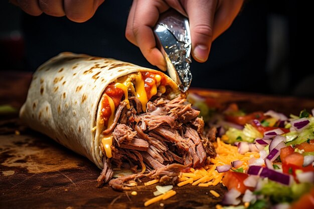 Foto un burrito servito con un lato di cetrioli affettati