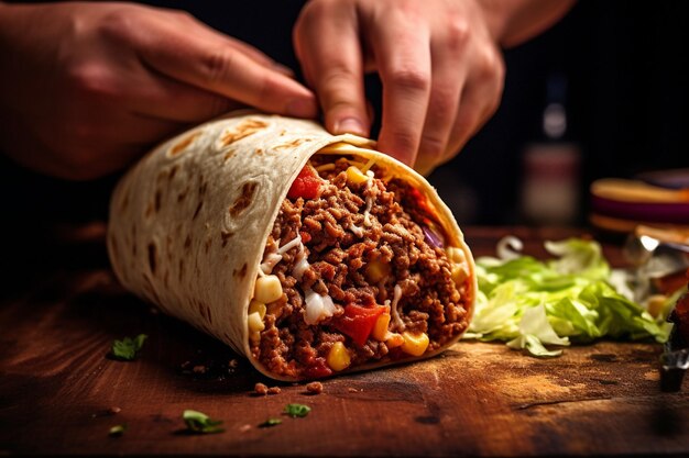 Foto un burrito servito con un lato di cetrioli affettati