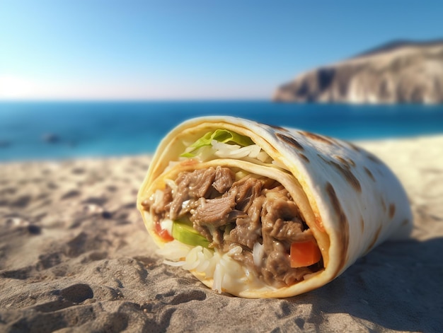 burrito close up with beach on background food advertising