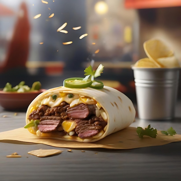 burrito de arrachera tortilla de harina mcdonalds poster stijl maaltijd splash AI