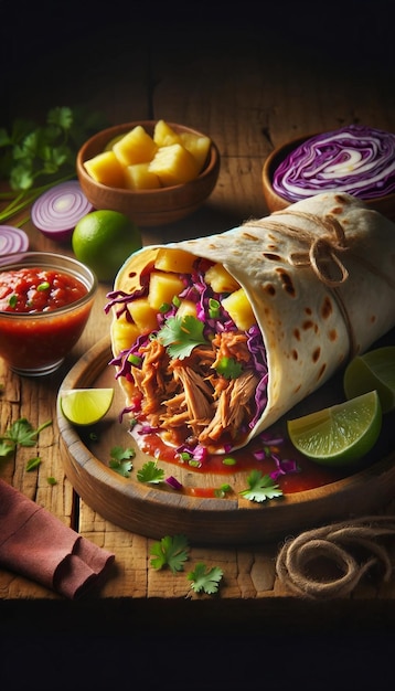 burrito filled with succulent pork and fresh pineapple presented on a wooden board with