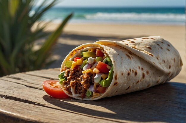 Burrito geserveerd op een tafel aan het strand met uitzicht op de oceaan