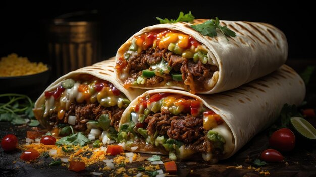 burrito's gevuld met groenten en vlees op een tafel met zwarte en onscherpe achtergrond