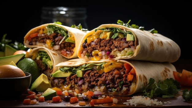 burrito's gevuld met groenten en vlees op een tafel met zwarte en onscherpe achtergrond