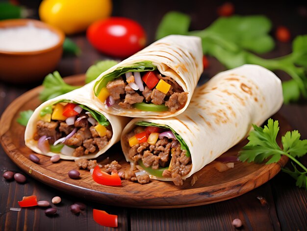 burrito's wraps met rundvlees en groenten op een houten tafel rundvleesburrito