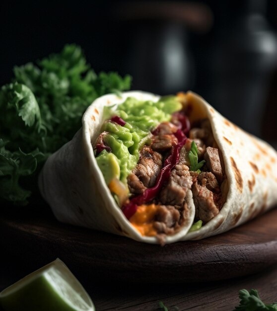 Burrito's wraps met rundvlees en groenten op zwarte achtergrond Mexicaans rundvlees burrito