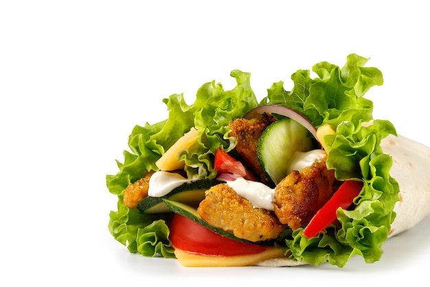 Burrito tortillas with chicken Sandwich roll with chicken meat pita isolated on a white background