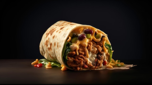 A burrito with beef, cheese, and vegetables is on a table.