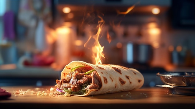 A burrito with beef on it on a cutting board with a stove in the background.