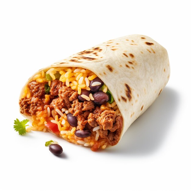 A burrito with a burrito on it and a few beans on the side.
