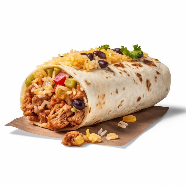 A burrito with a burrito on it and some corn on the side.