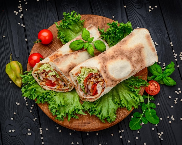 Burrito with grilled beef and vegetables Shawarma