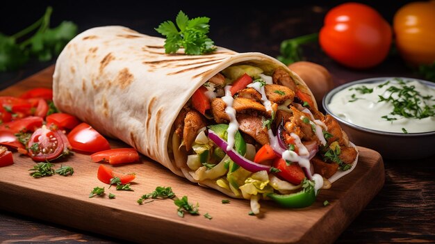 Burrito with grilled chicken and vegetables fajitas pita bread shawarma