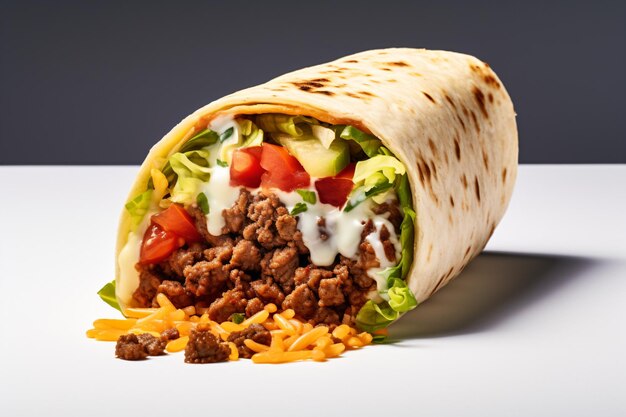 Photo a burrito with meat cheese and vegetables