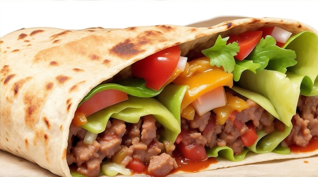 A burrito with meat and vegetables on it. Generative AI.