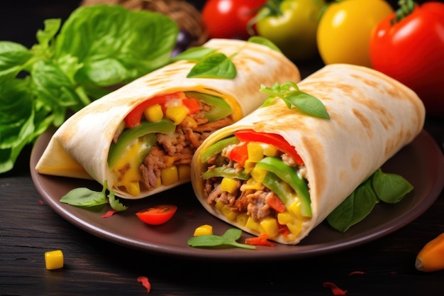 Burrito with meat vegetables and spices on a wooden board