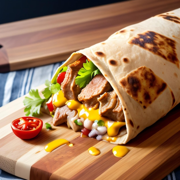 A burrito with meat, vegetables, and a tomato on a cutting board.