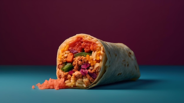 A burrito with a purple background and a red background.