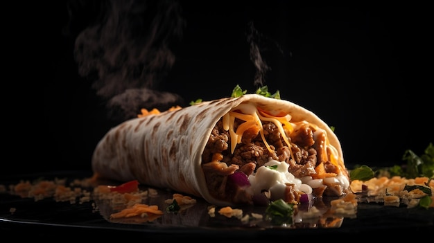 A burrito with a side of shredded cheese and shredded beef.