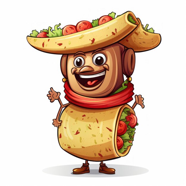 Photo burrito with a smiling face and arms cartoon style ai generated