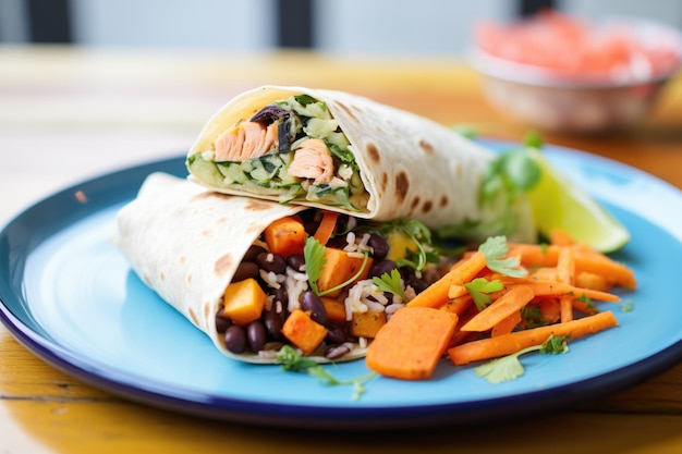 Burrito with sweet potato and black beans tortilla chips beside